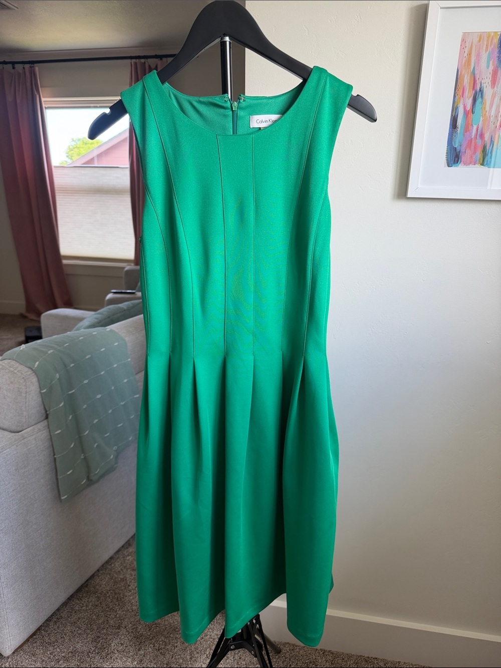 Calvin Klein Sleeveless Emerald Green Pleated Midi Dress